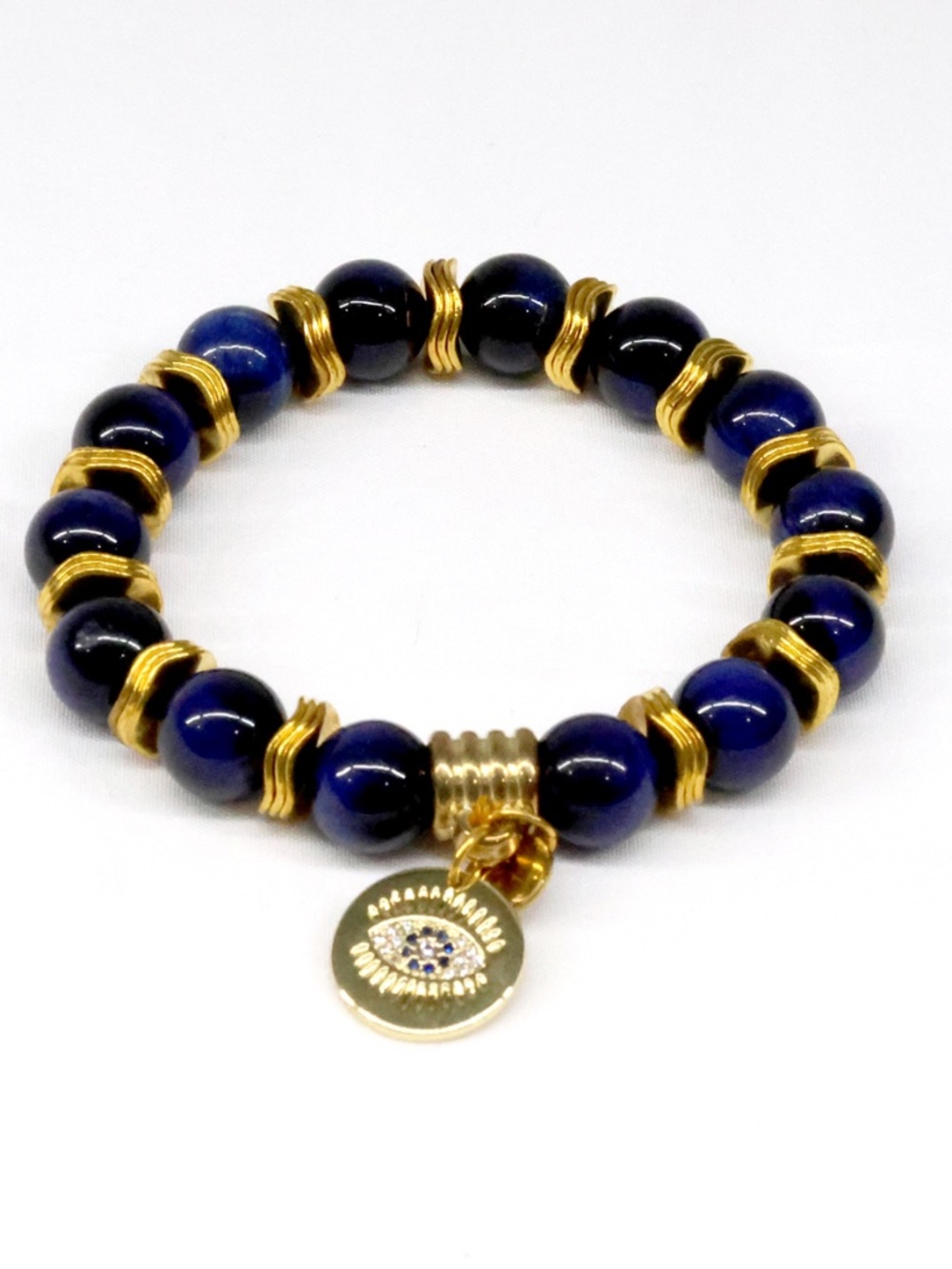 Lapis Tiger Eye Gold Evil Eye Charm Bracelet - New in Box